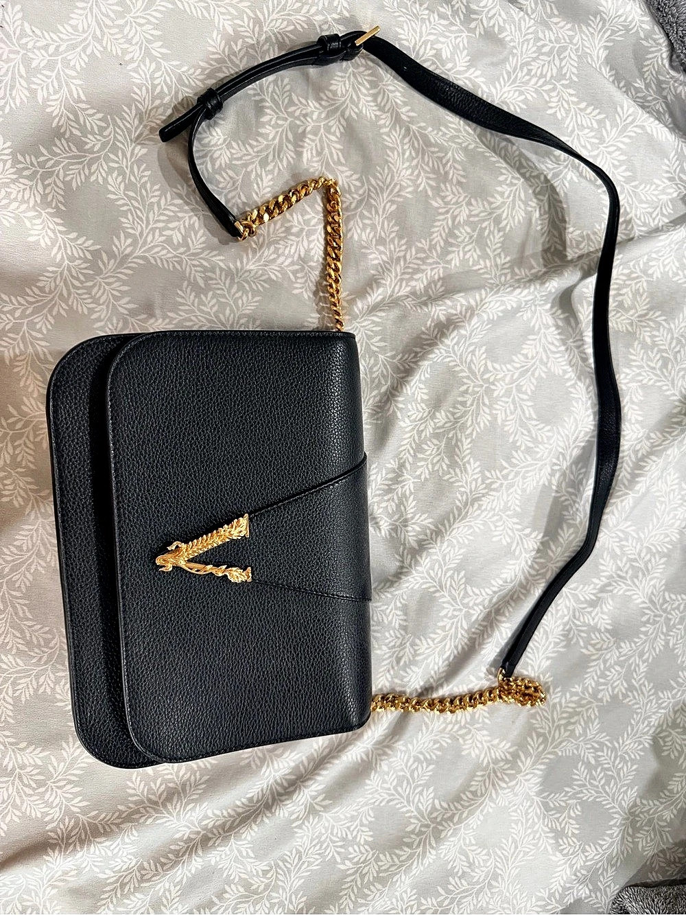 Versace Virtus Grainy Calf Leather Crossbody Bag Black Like New